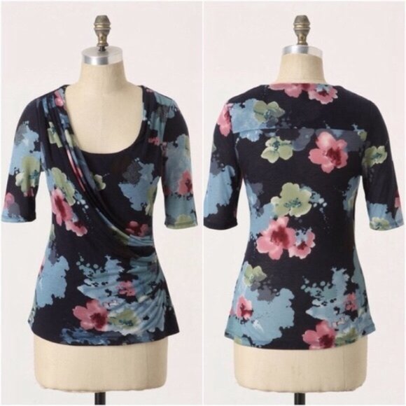 Anthropologie Tops - Anthropologie Deletta Night Petals Draped Top M